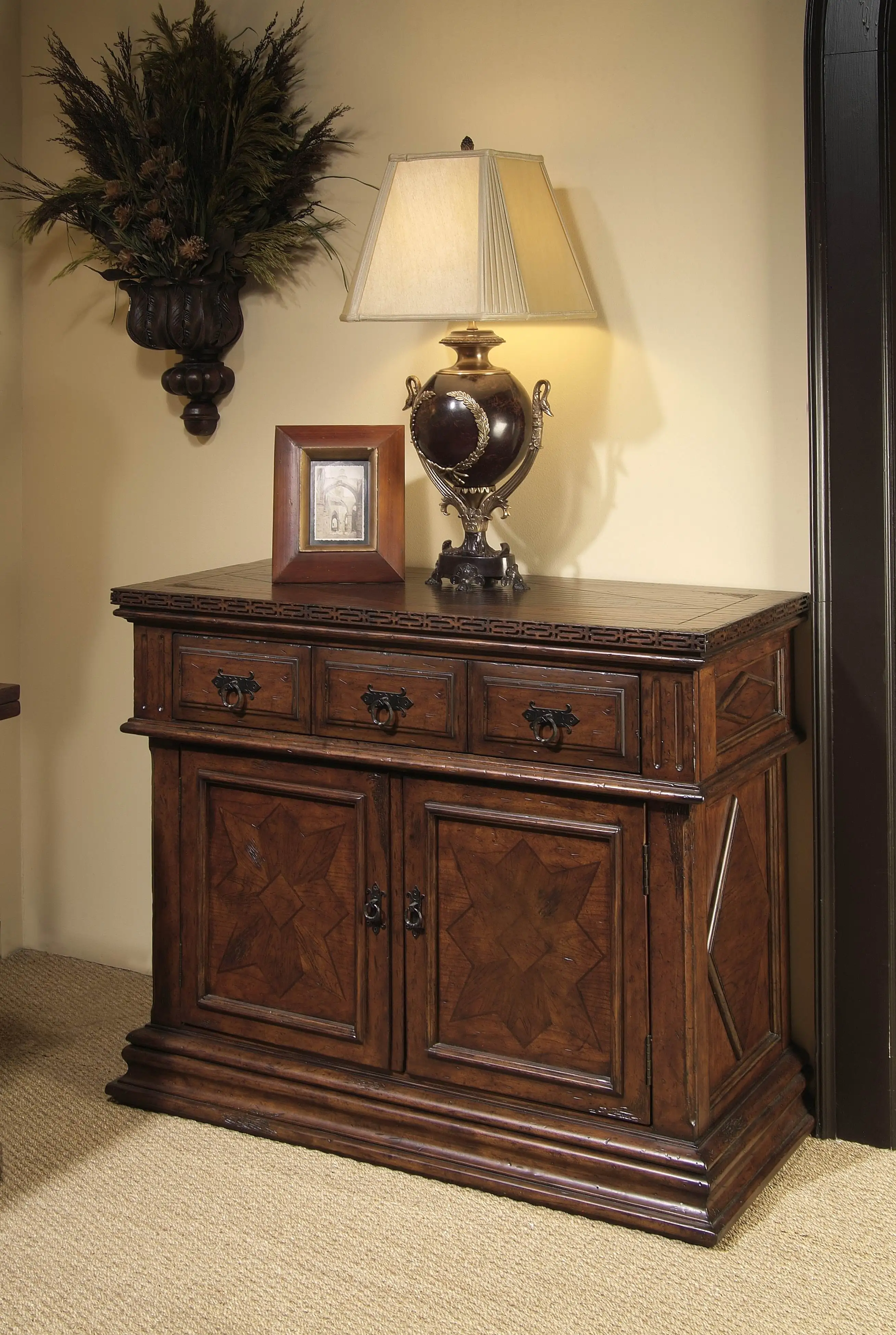 American Vintage Solid Wood Shoe Storage Cabinet 3-Drawer 2-Door Carved Fretwork Star Inlay Distressed Finish