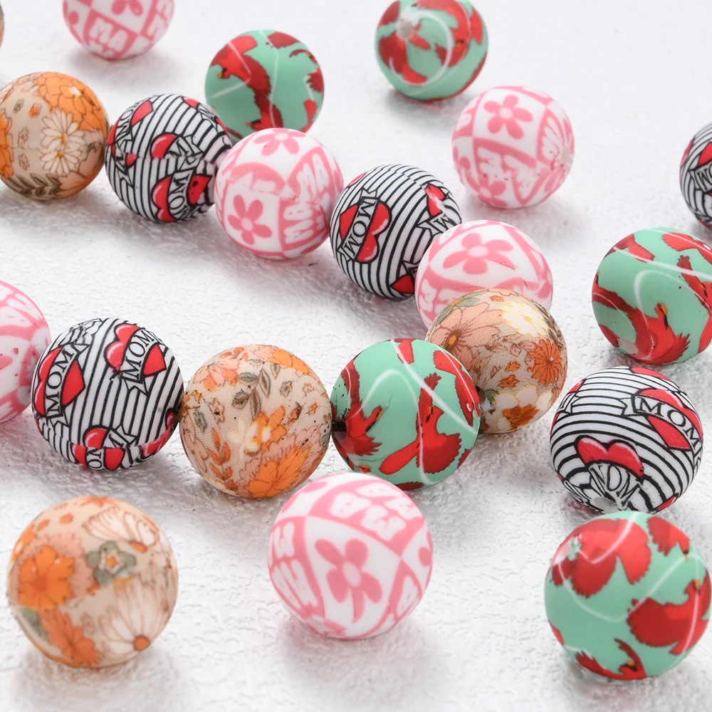 10 шт. 15 мм силиконовые круглые бусины с цветочным принтом для матери и птицы для DIY ожерелья ручной работы, браслеты, изготовление цепочек для соски