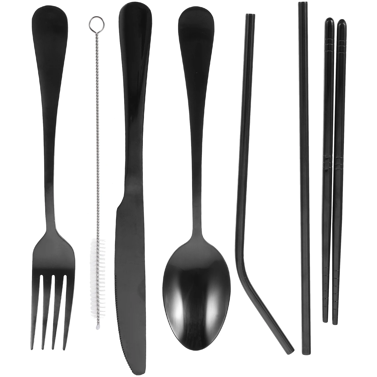 

1 set Black Stainless Steel Flatware Set Portable Cutlery Fork Spoon Knife Chopsticks Straw in Gray Bag for Picnic Camping Party