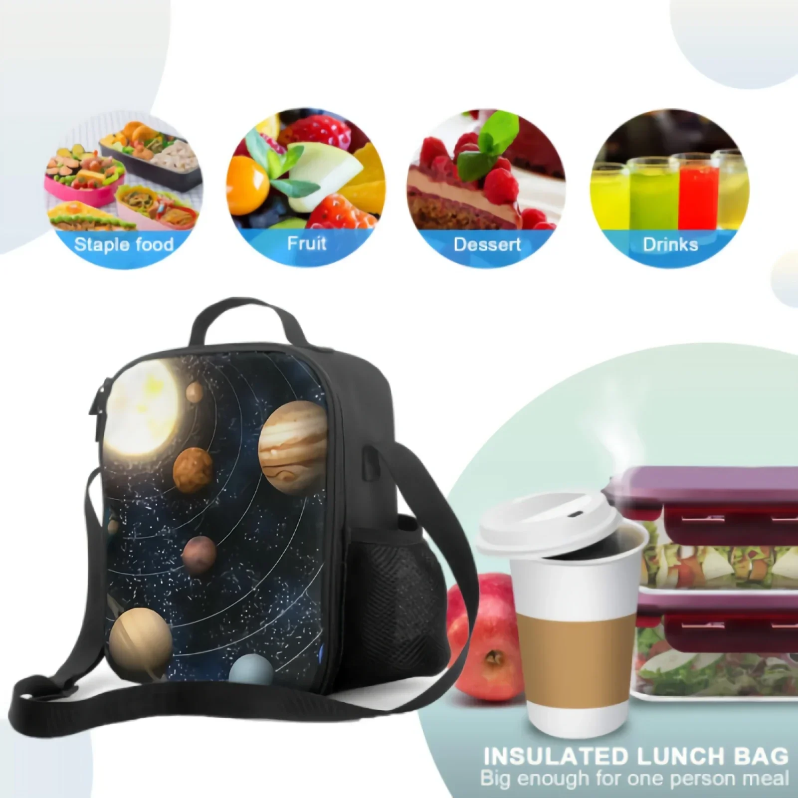 Planets in the Solar System Insulated Lunch Box Portable Lunch Bags with Adjustable Shoulder Strap Reusable Cooler Tote Bag