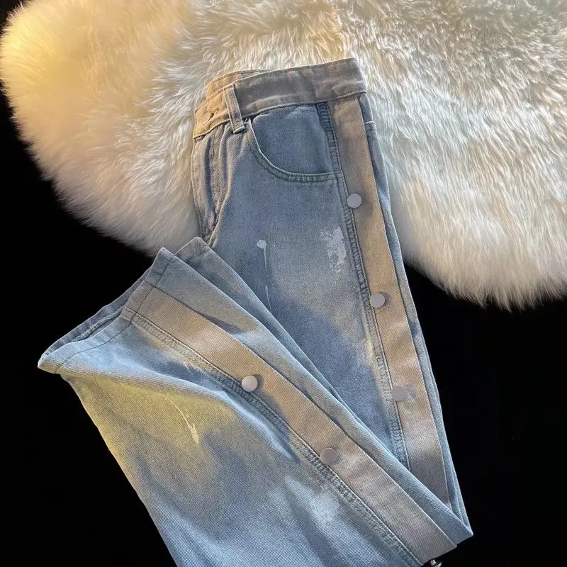 

Мужские джинсы свободного кроя с прямыми штанинами, весна-осень, в стиле Hong Kong Sle, с пуговицами, повседневные, широкие, длинные брюки, модный бренд, для молодежи