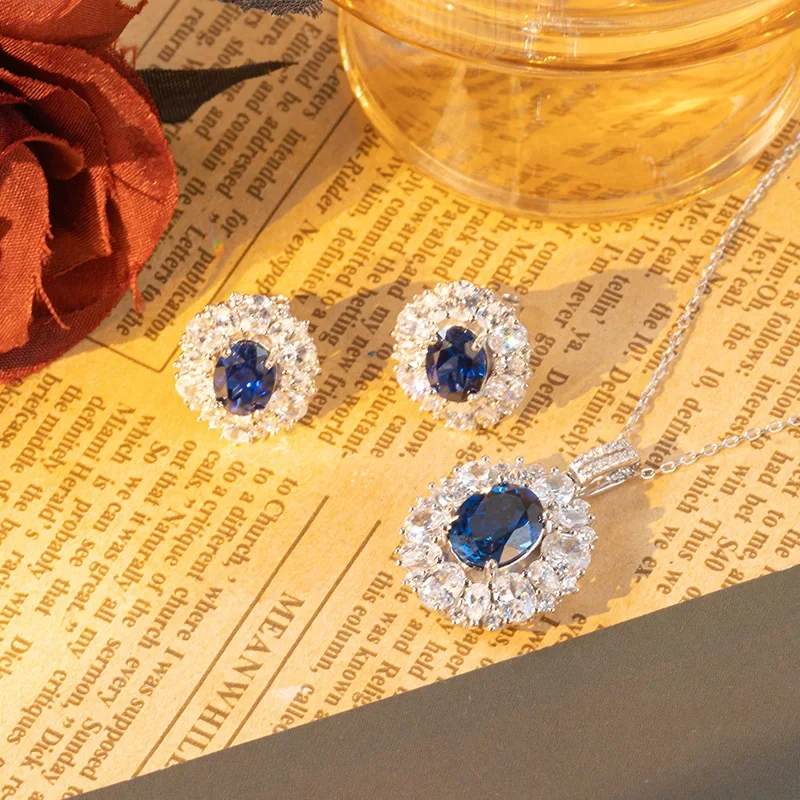 2024 New High Jewelry Cultivated Sapphire Oval 8 * 10mm3 Carat Necklace Stud Earrings Sterling Silver Set