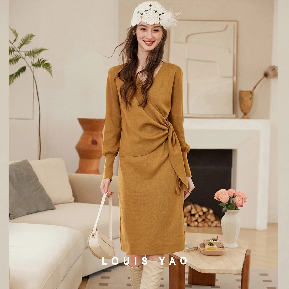 

V-Neck Lace-up Design Long Dress Temperament Micro Stretch Slim Long Sleeve Women's Dresses Female Clothing Spring Autumn 2025