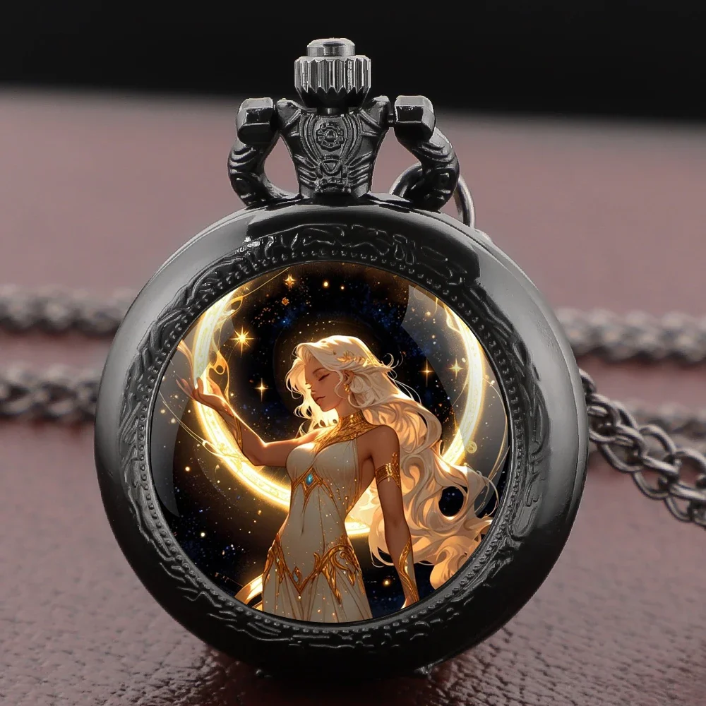 Glass Dome Pocket Watch with Starry Lunar Goddess Fashion Pendant Children's Jewelry Gifts Men Women's Clock Reloj De Bolsillo