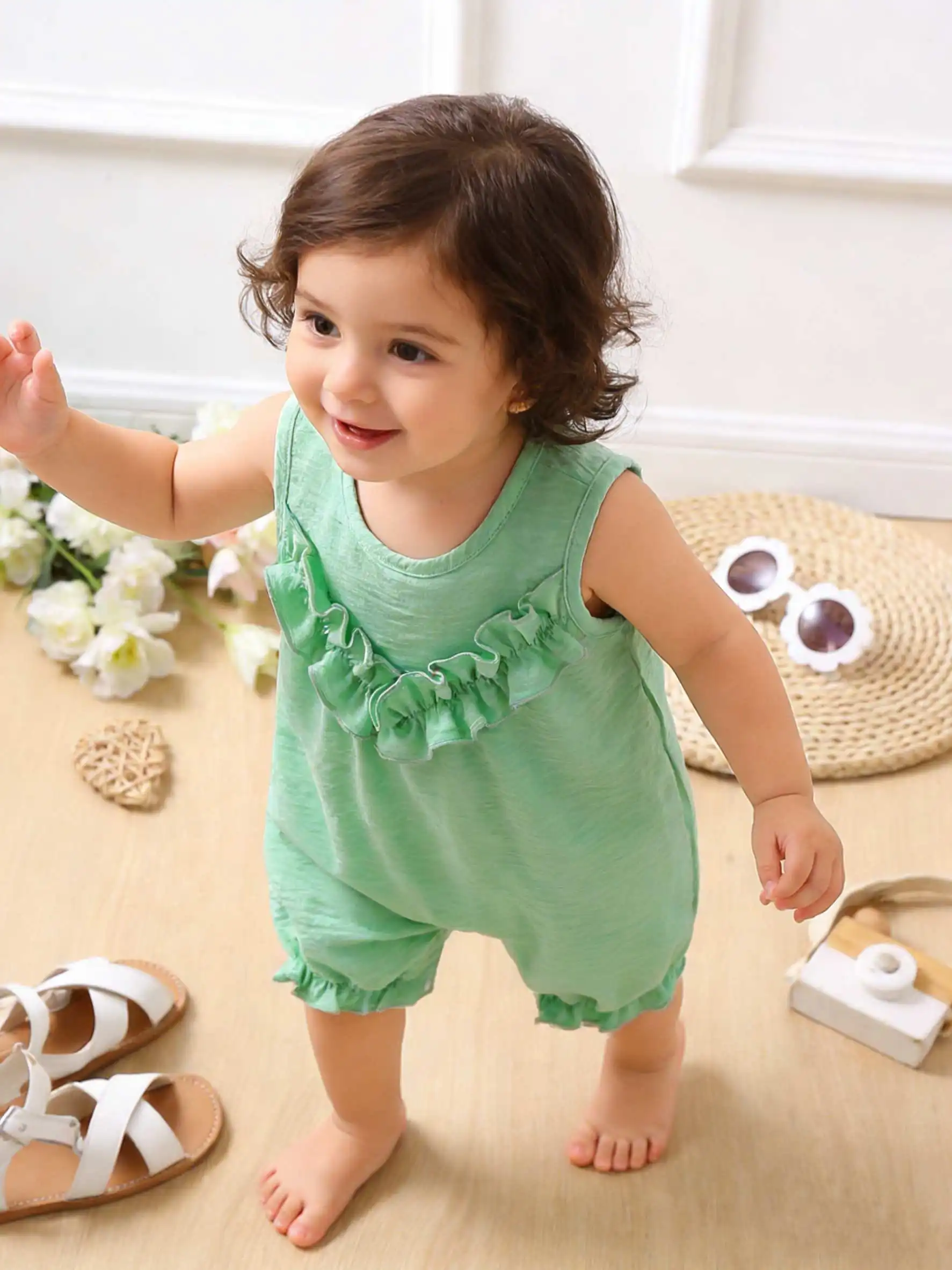 

Summer New Mint Green Baby Romper with Lace Sleeves Sleeveless Sweet Style Wood Grain Edge Crawler Suit for Infants