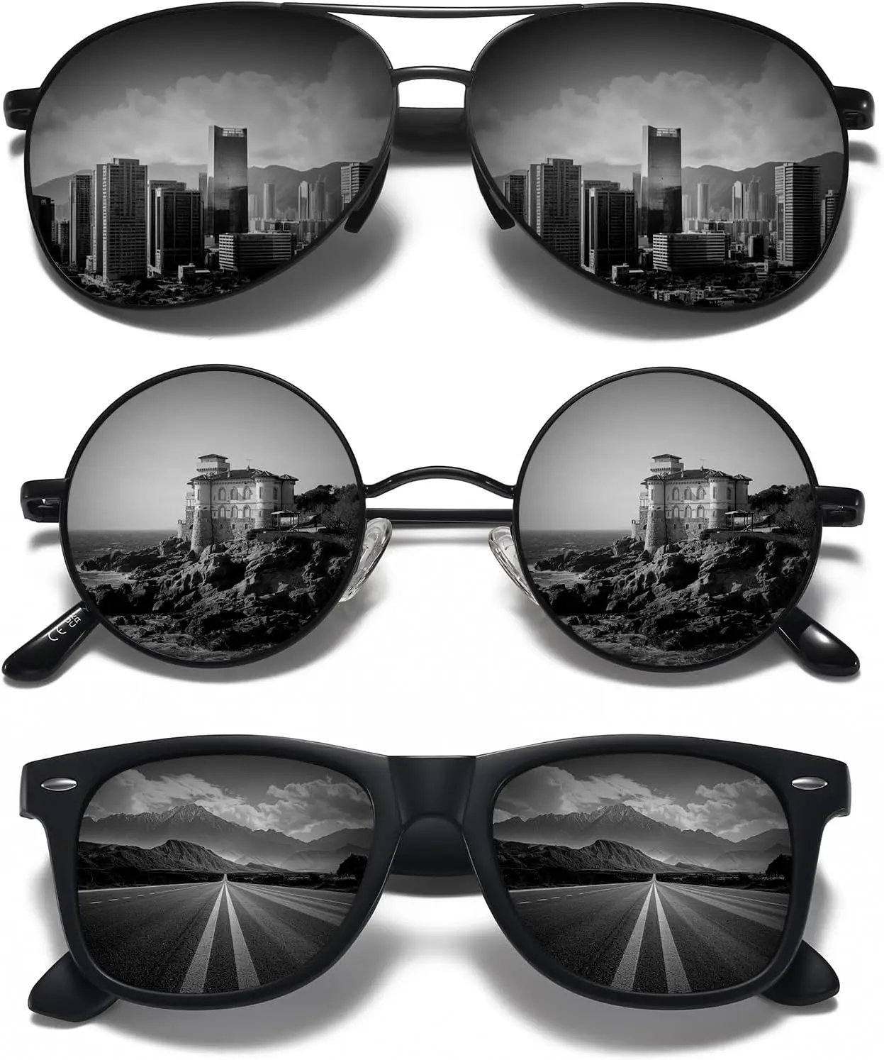 

Набор из 3 солнцезащитных очков для мужчин и женщин - круглые в ретро-стиле, металлические авиаторские, классические пластиковые черные оправы