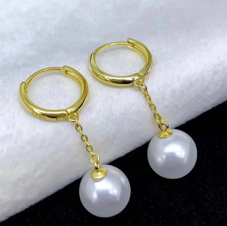 Elegant Pair of 10-11mm South Sea Round White Pearl Dangle Earring 925s