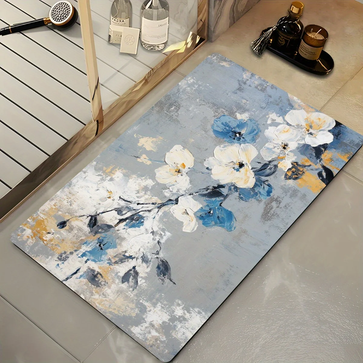 

1pc blue and white floral art pattern floor mat, polyester fabric, machine washable, suitable for bedroom and living room