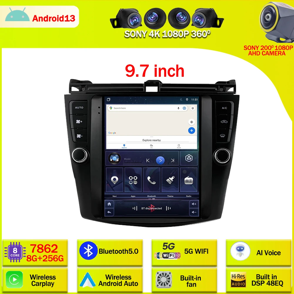 

9.7 inch For 2003 2004 2005 2006 2007 Honda Accord 7 Android 13 wirelss carplay Android Car Radio Stereo GPS Player 4G WIFI dsp