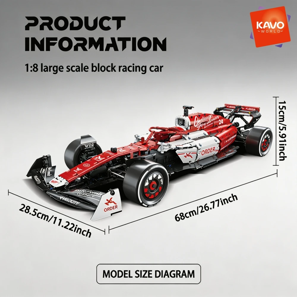 KAVOWORLD 1768pcs 27 Inches Large MOC Sports Race Car Building Blocks Set DIY Formula Red & White City Racing Car Bricks Model Kit 1:8 Construction Collection Ornament Building Toys with Realistic Suspension Steering Cockpit Decals Birthday Christmas Gift