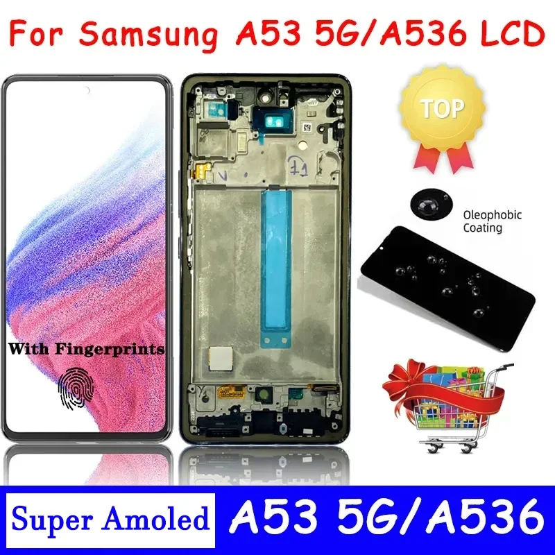 Super AMOLED A536 Display For Samsung A53 5G A536B A536U LCD Display Touch Screen With frame Fingerprint Digitizer Assembly