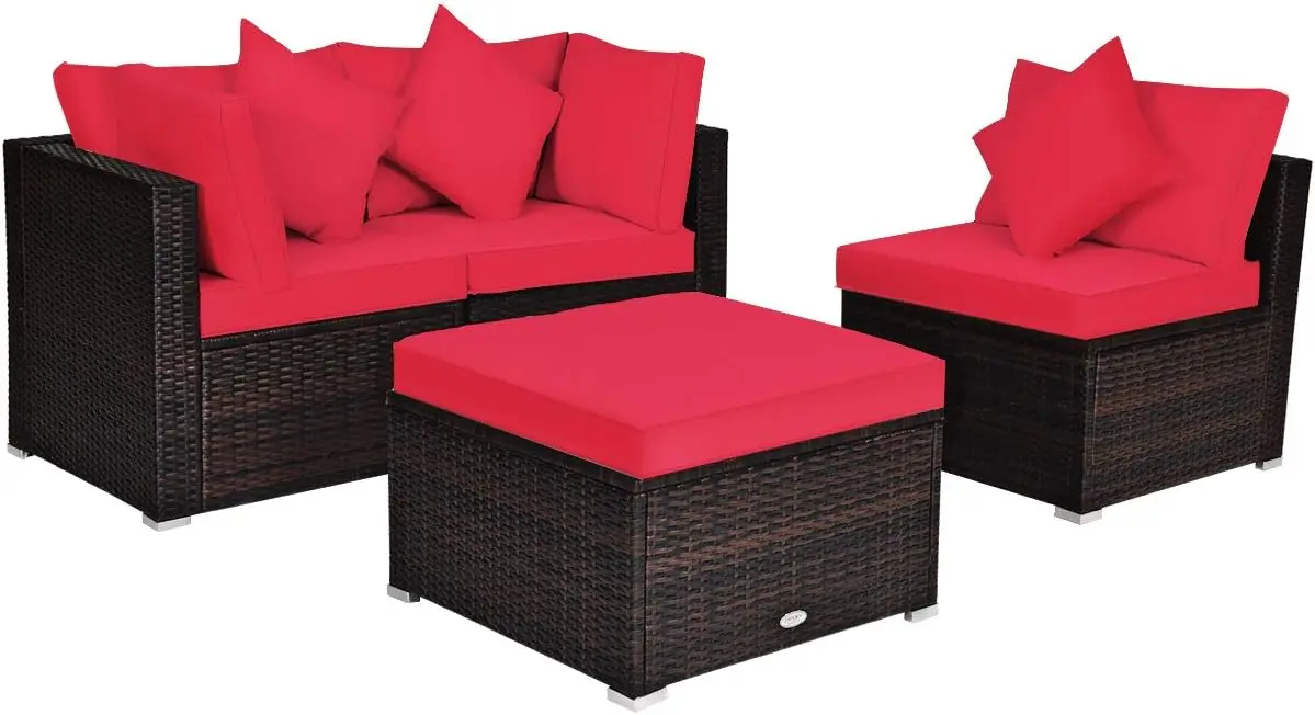 4 Pieces Patio Furniture Set All Weather Outdoor Sectional Rattan Sofa Set Removable Cushions Pillows Wicker Conversation Set