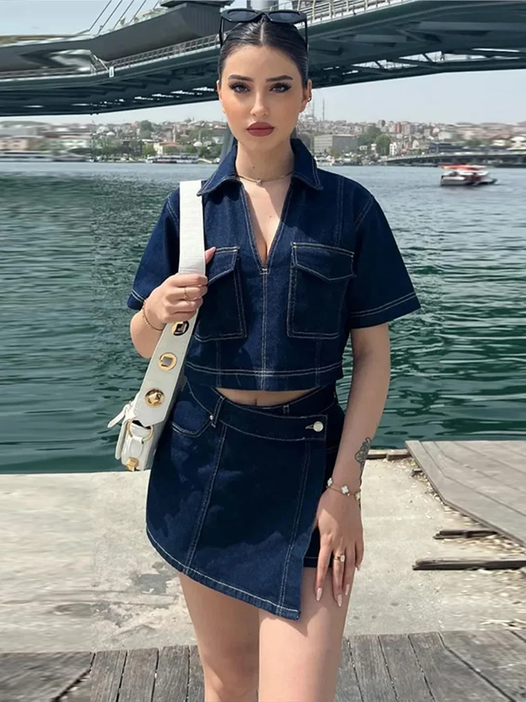 Summer New Women's Simple Denim Skorts Suits Set V-Neck Lapel Crop Top Matching High Waist Mini Skort Casual Chic Streetwear