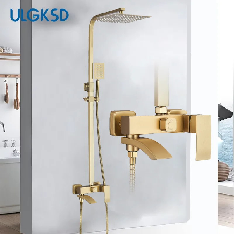 

Ванная комната Дождевой водопад Душ Смеситель из нержавеющей стали Щетка Золотая настенная 3-сторонняя душевая система Смеситель Поворотный излив Душевой комплект