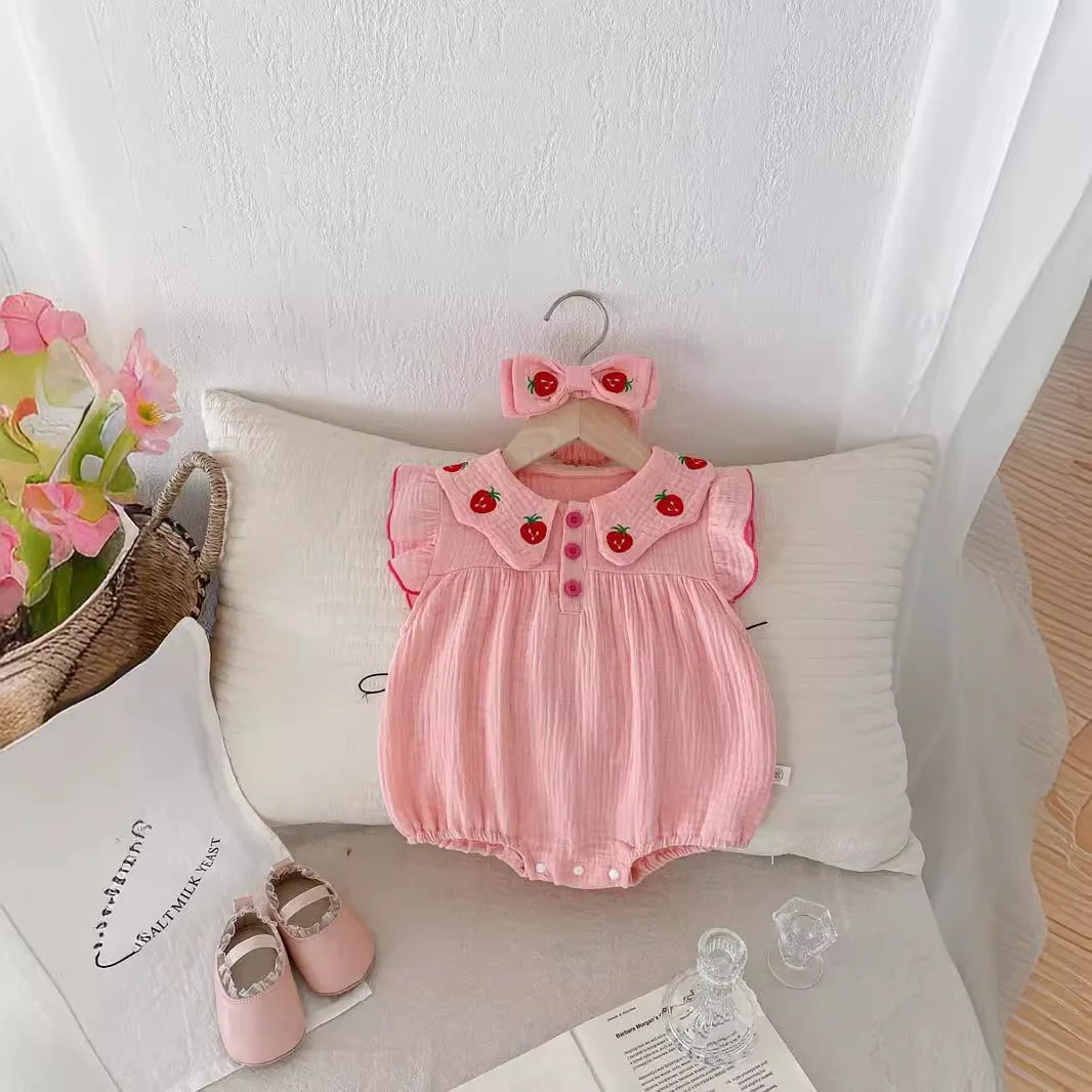 Summer Baby Girls Bodysuit With Headband 2Pcs Newborn Girls Clothes 0-2Y Cotton Straberry Embroidery Collar Infant One Pieces