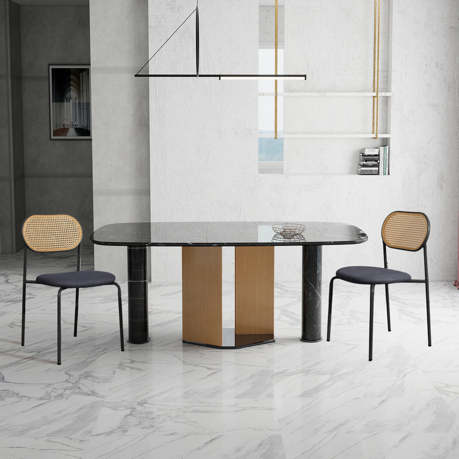 Set di 2 sedie da pranzo in rattan, sedia da cucina con cuscini di seduta e coprigambe antiscivolo, sedia in rattan per sala da pranzo senza tavolo