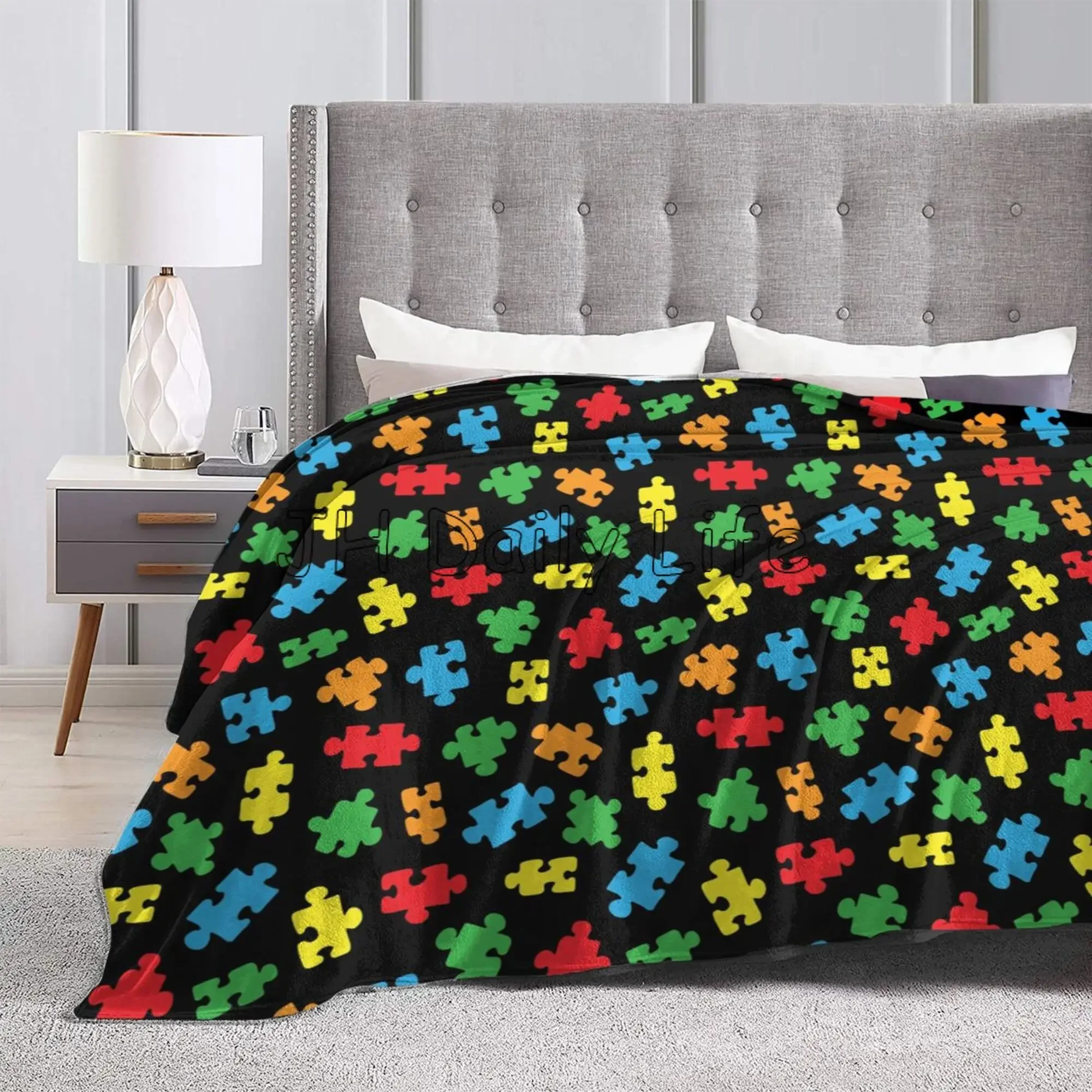 Comfortable Flannel Fleece Blanket Soft Warm Colorful Autism Awareness Puzzle Pieces Blankets Lightweight Cozy Fuzzy Throws