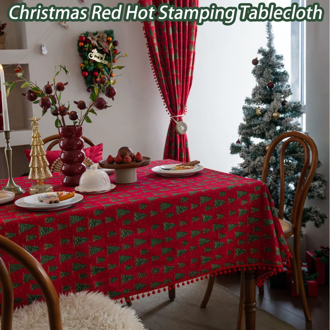Christmas Red Hot Stamping Tablecloth Fir Tree Printing Tassel Rectangle Tablecloth Dining Table Coffee Table Cover Home Decor
