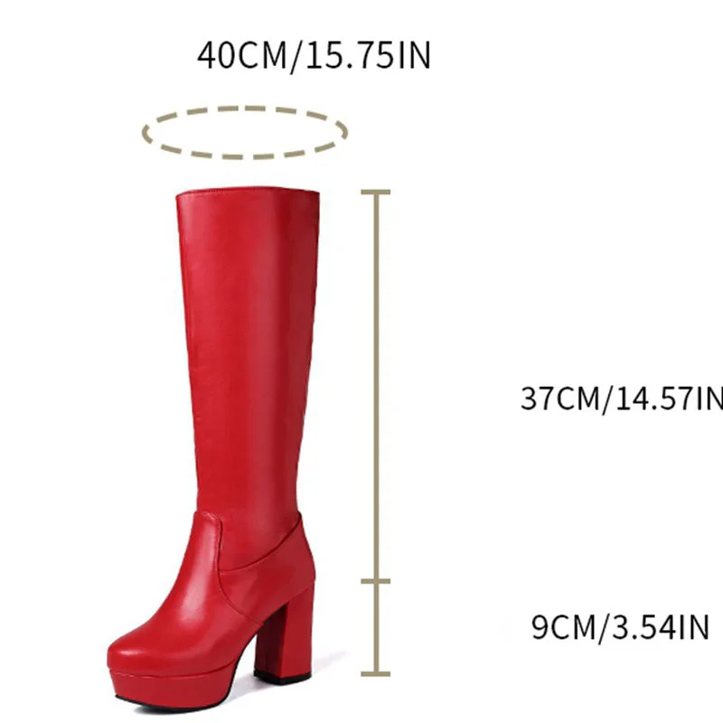 REAVE CAT Brown Women Knee High Boots Round Toe 9cm Block Heel 3.5cm Platform Zipper Plus Size 44 45 46 47 Classic Dating Botas