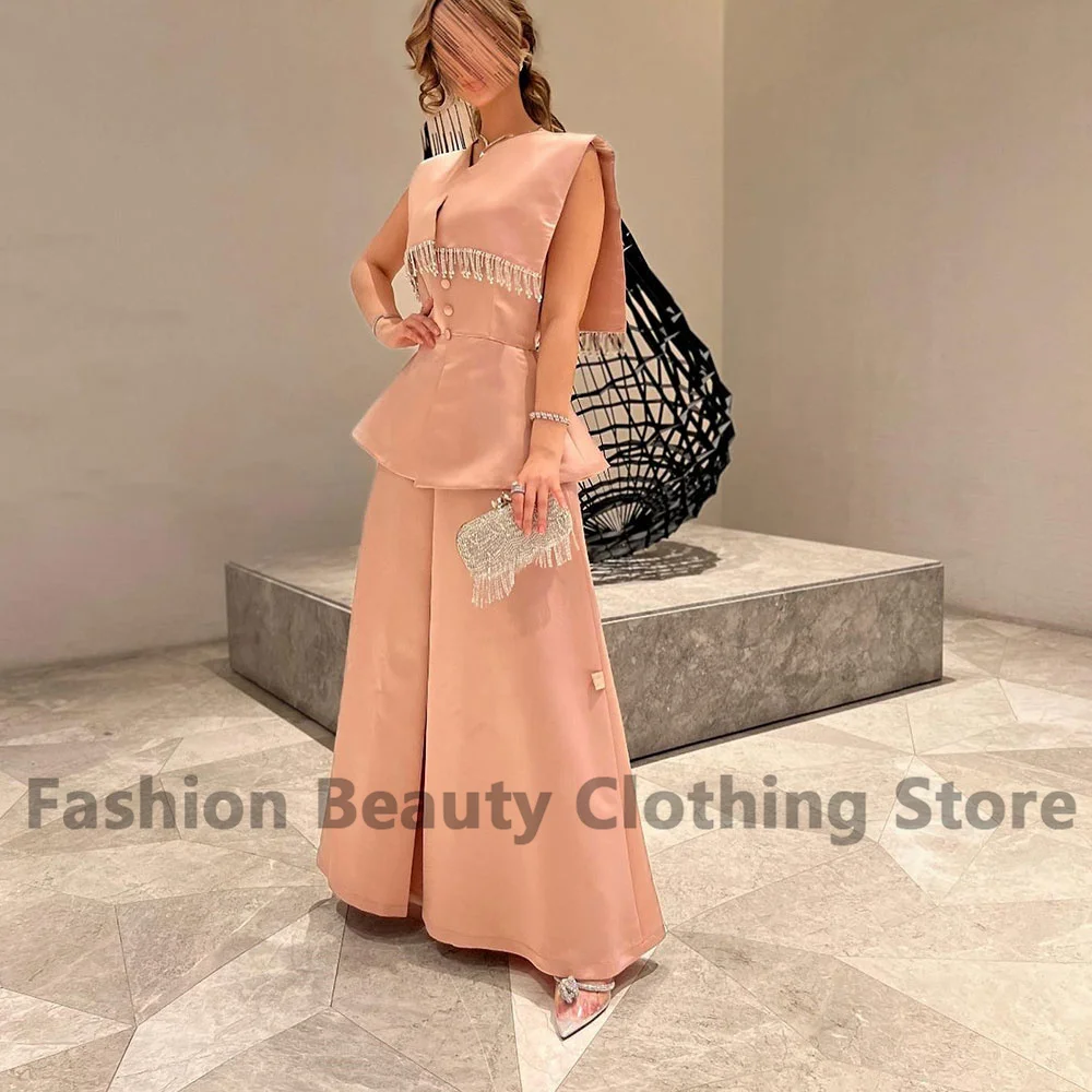 

Pink Satin Evening Dress Sleeveless Tasse Shawl Covered Button V-Neck Saudi Arabian Women's High Slit Formal Occasion Party Gown