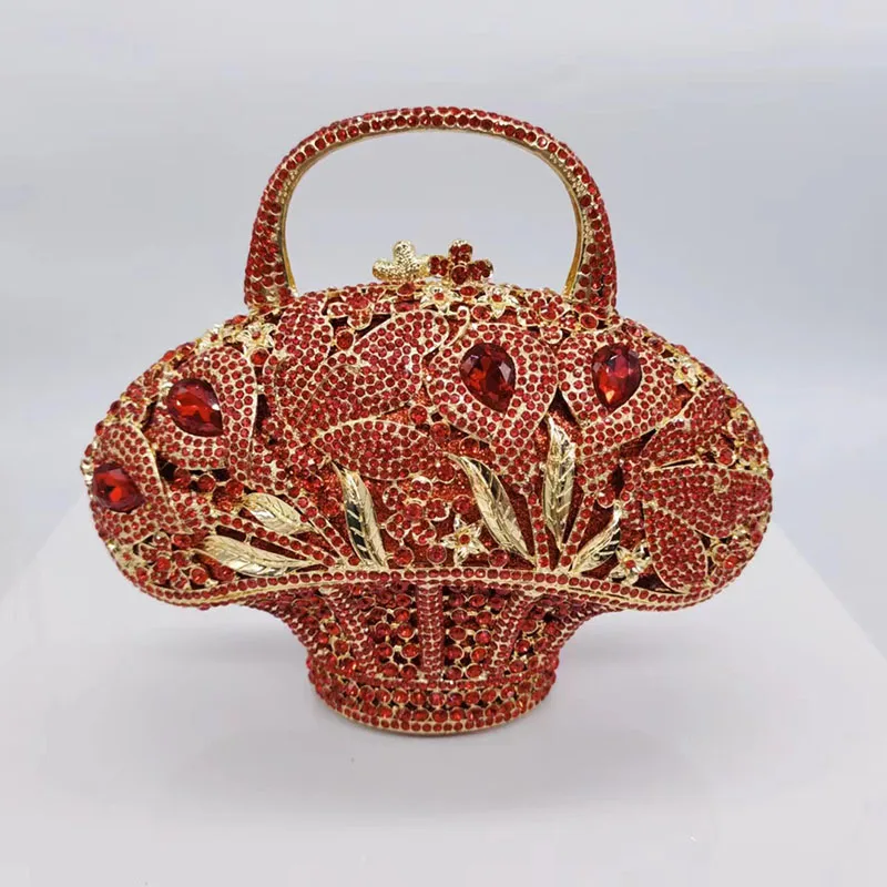 

Flower Basket Crystal Evening Bags Women Luxury Designer Elegant Bling Rhinestone Metallic Clutch Purses Wedding Party