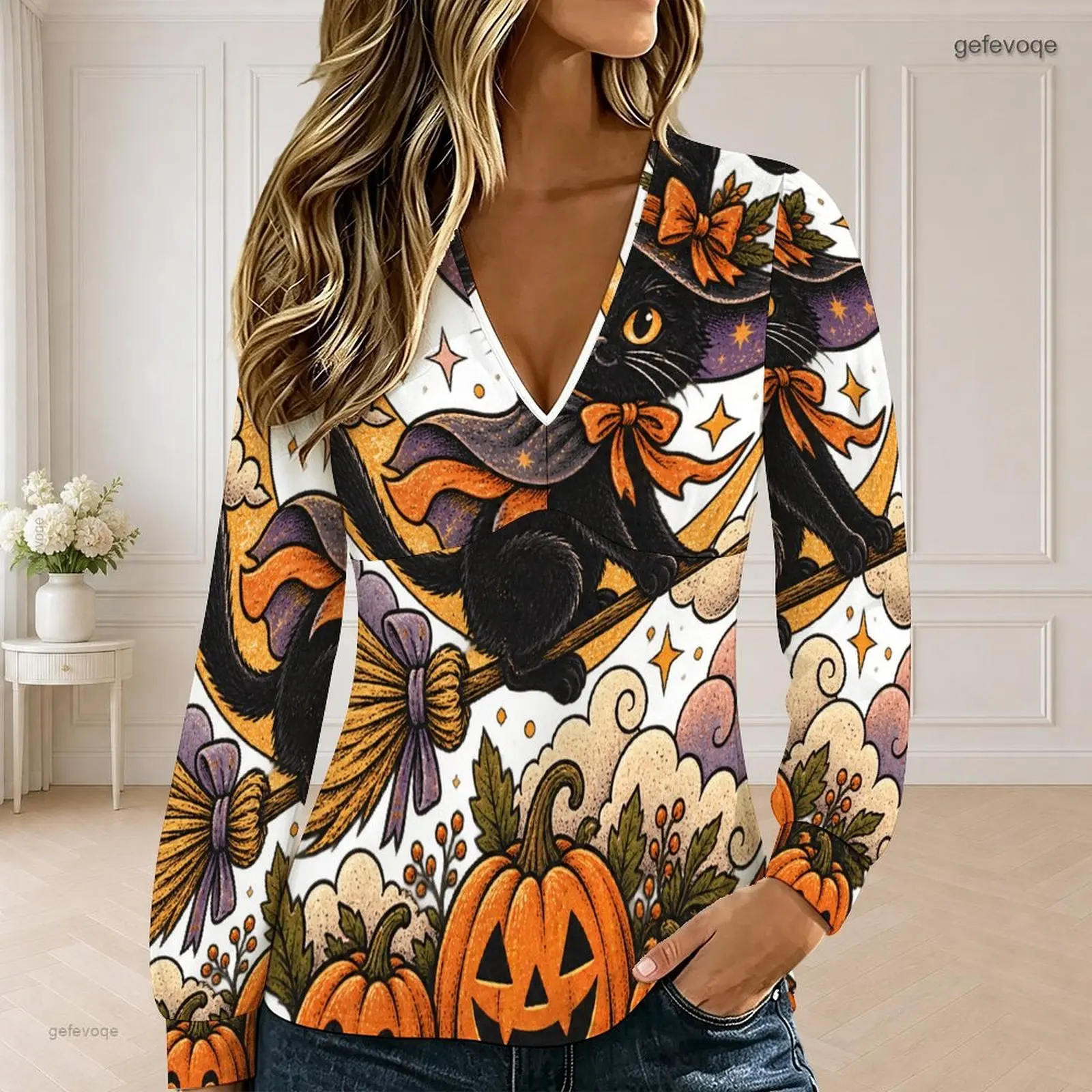 Women V Neck Long Sleeve Top Allover Printed with Skeleton, Western Pumpkin, Cowboy Boot, Cactus and Floral Star Motifs