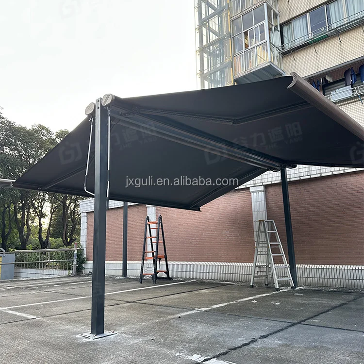 LED Full Cassette Retractable Awning Free Standing Aluminum Motorized Butterfly Sunshade for Car Parking Area Remote Control