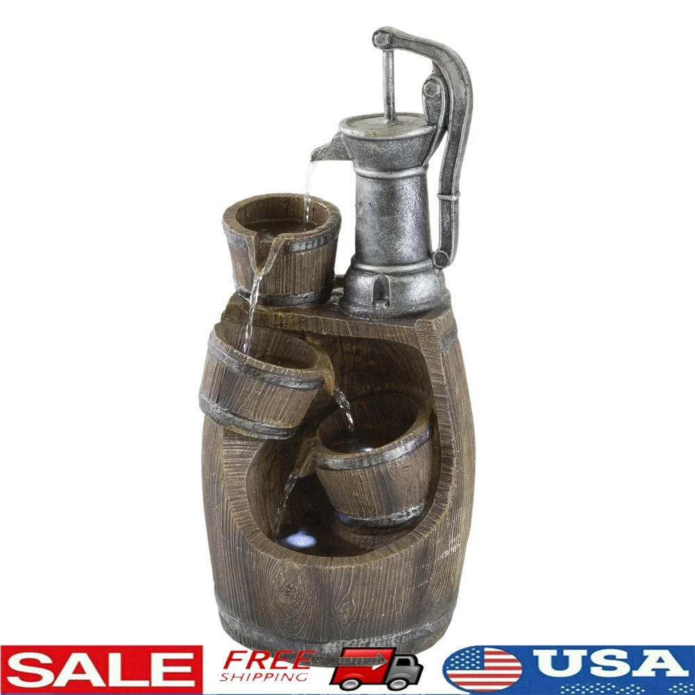 

Rustic Barrel Outdoor Water Fountain with Pump LED Lights Durable Polyresin 4 Tiers Cascading Water Feature Patio Backyard Decor