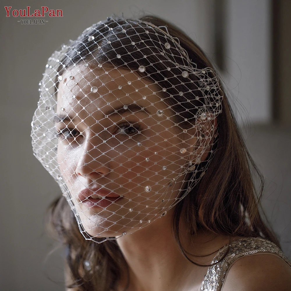 TOPQUEEN Elastic Bridal Birdcage Veil Headband Black White Blusher Veil for Wedding Church Ceremony VA12