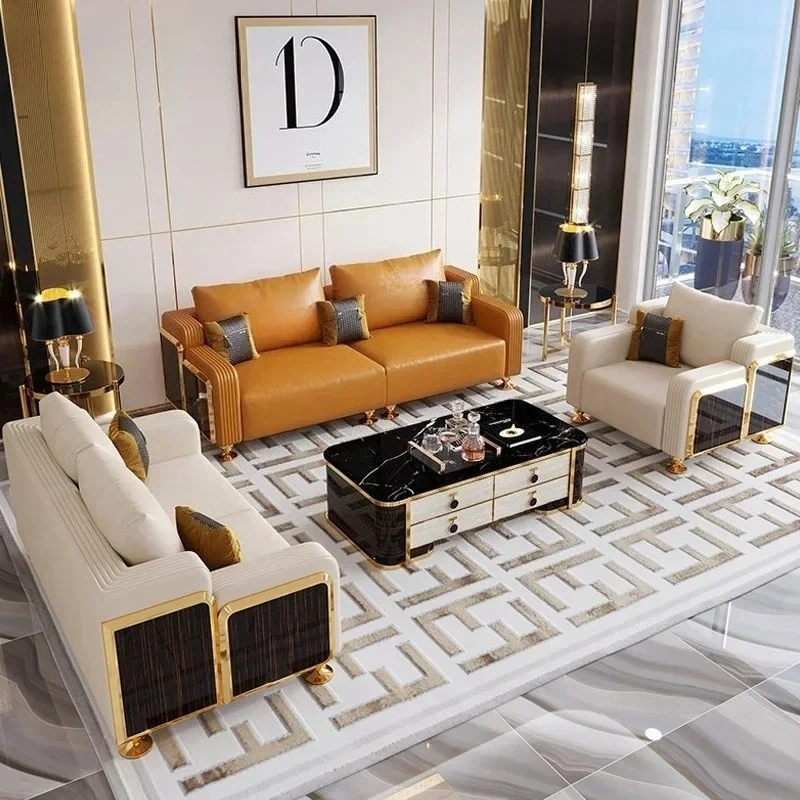 طقم أريكة جلدية فاخرة حديثة مع أريكة خشبية، أريكة بمقعد 2/3/4، أريكة جلدية لغرفة المعيشة تقبل لونًا مخصصًا