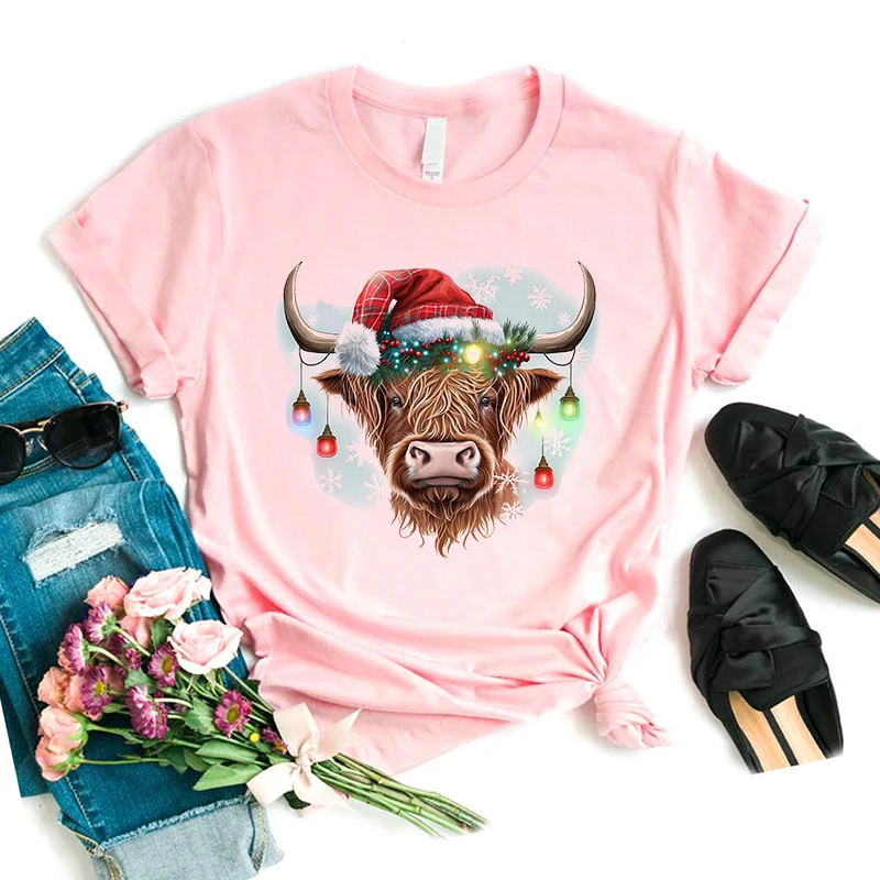 Christmas Highland Cow Animal Printed Pink T Shirt Women Harajuku Kawaii Clothes Casual Tshirt Femme Short Sleeve T-Shirt Female