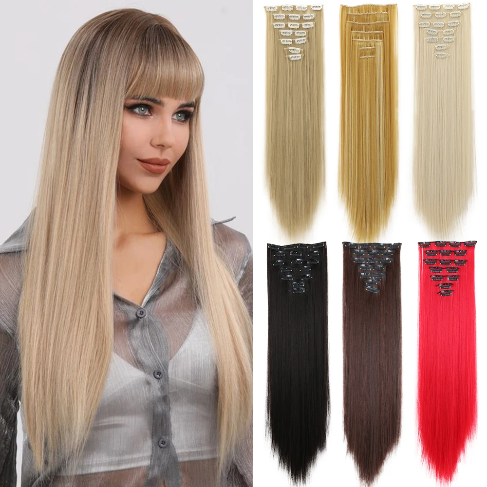 24inch Synthetic Hair Extensions One piece 16 Clips Long Straight High Temperature Fiber Black Brown Hairpiece