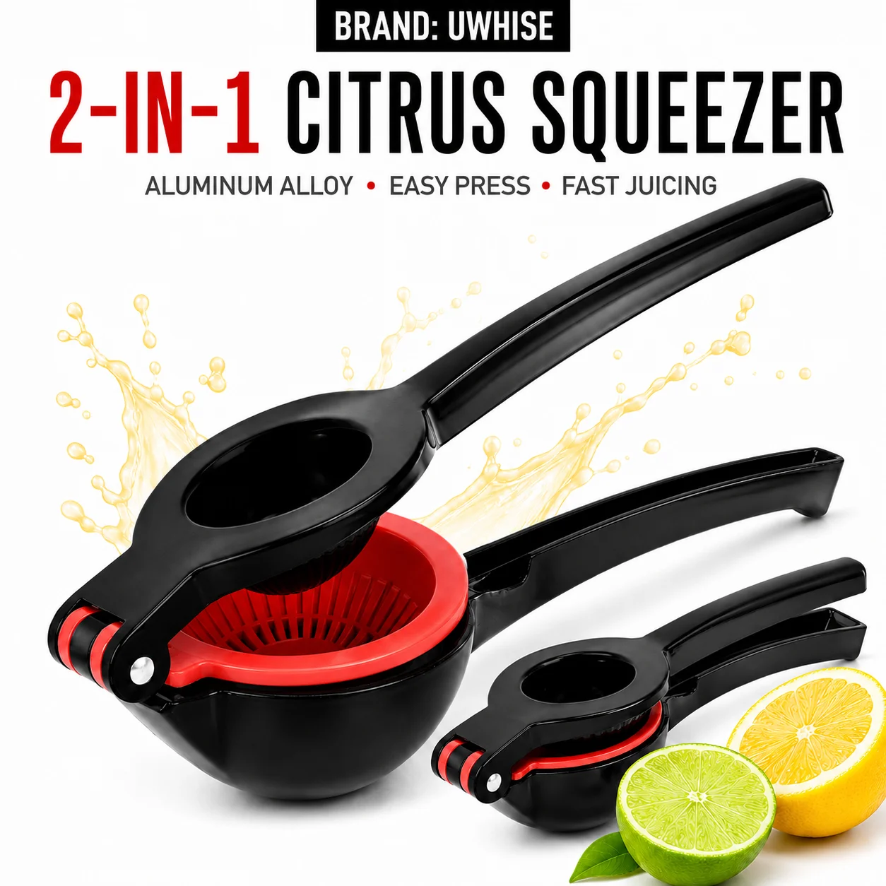 Uwhise 2 In 1 Lemon Squeezer Heavy Duty Metal Citrus Juicer With Large Bowl Seed Filter And Food Grade Coating Tool
