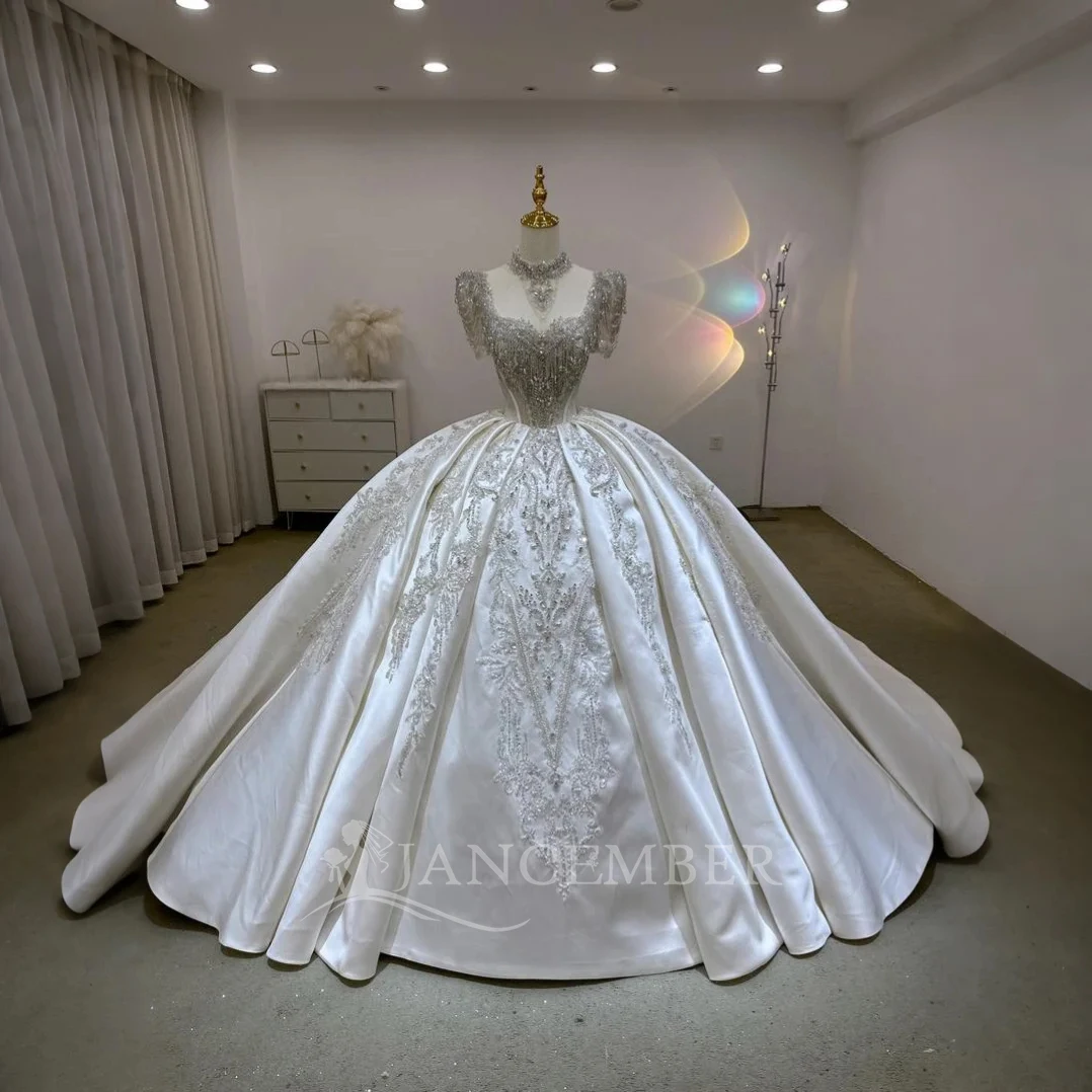 

Роскошные свадебные платья с короткими рукавами для женщин 2024, свадебные платья с круглым вырезом и часовней, свадебное платье