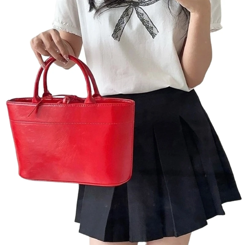 E74B Large Capacity PU Leather Handbag Korean Style Solid Color Tie Closure Shopper Bag Perfect for Work Travel and Shopping