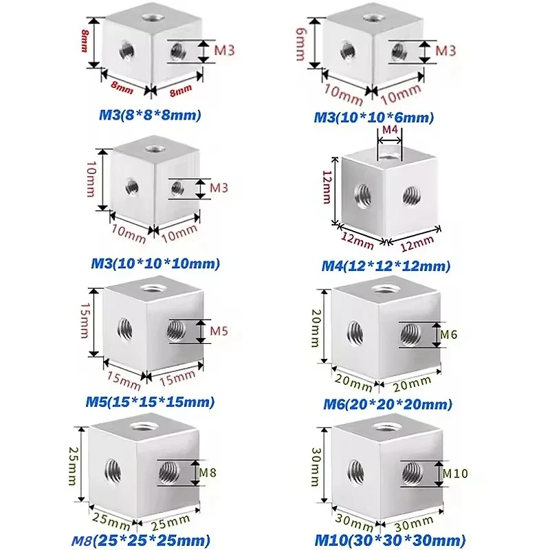 M3 M4 M5 M6 M8 M10 Aluminum Alloy Six-Sided Thread Screw Cube Nut Block Connector 3D Printer Bracket Fixing Piece Parts