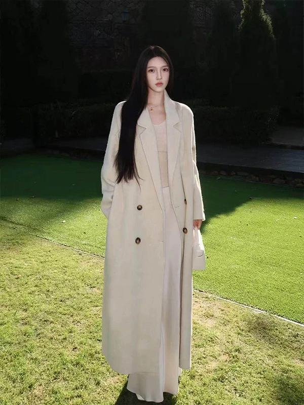 

Двустороннее шерстяное пальто Oaeal из кашемира для женщин: модное, приталенное, высококачественное, в корейском стиле, прямого кроя, с длинными рукавами