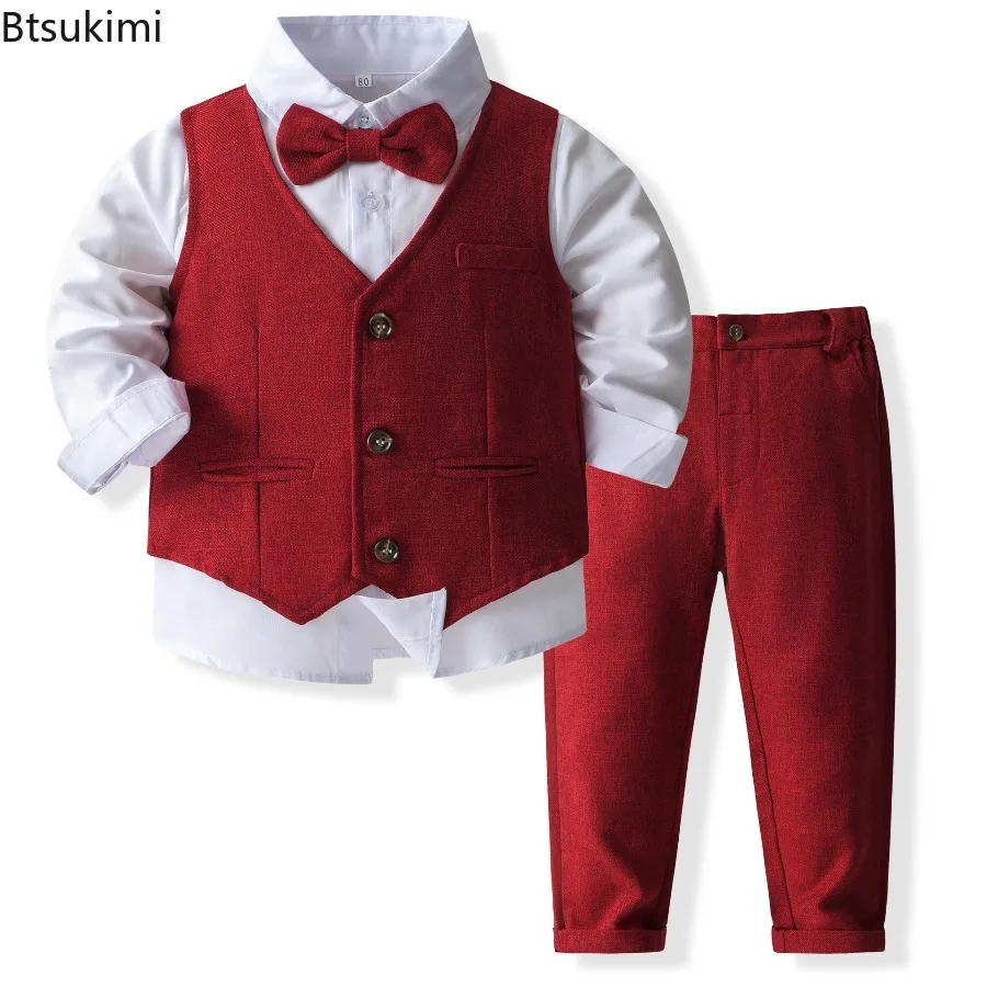 Spring and Autumn Baby Boys Formal Suits Vest Shirt Pants Bow Tie 4pcs/Set Kids Clothing Set Little Children Clothes 80-140 Size