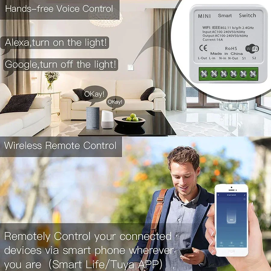 WiFi Smart Switch RF433Mhz Module Relay Breaker 16A 20A Tuya Smart Life APP Alexa Google Assistant Voice Control 2-way Control