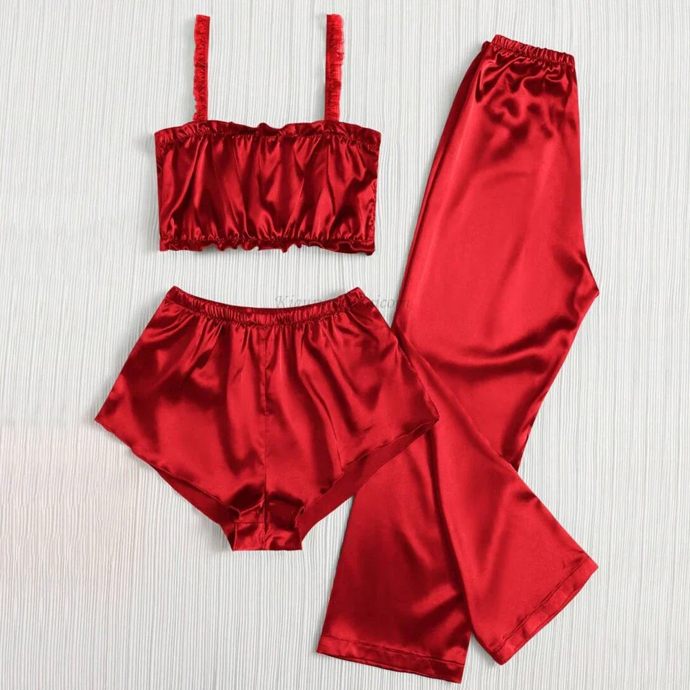 

Three Piece Women's Sleepwear Set Bride Red Color Vest Shorts and Pants Paired with Satin Silk Fabric for Home Casual Bra
