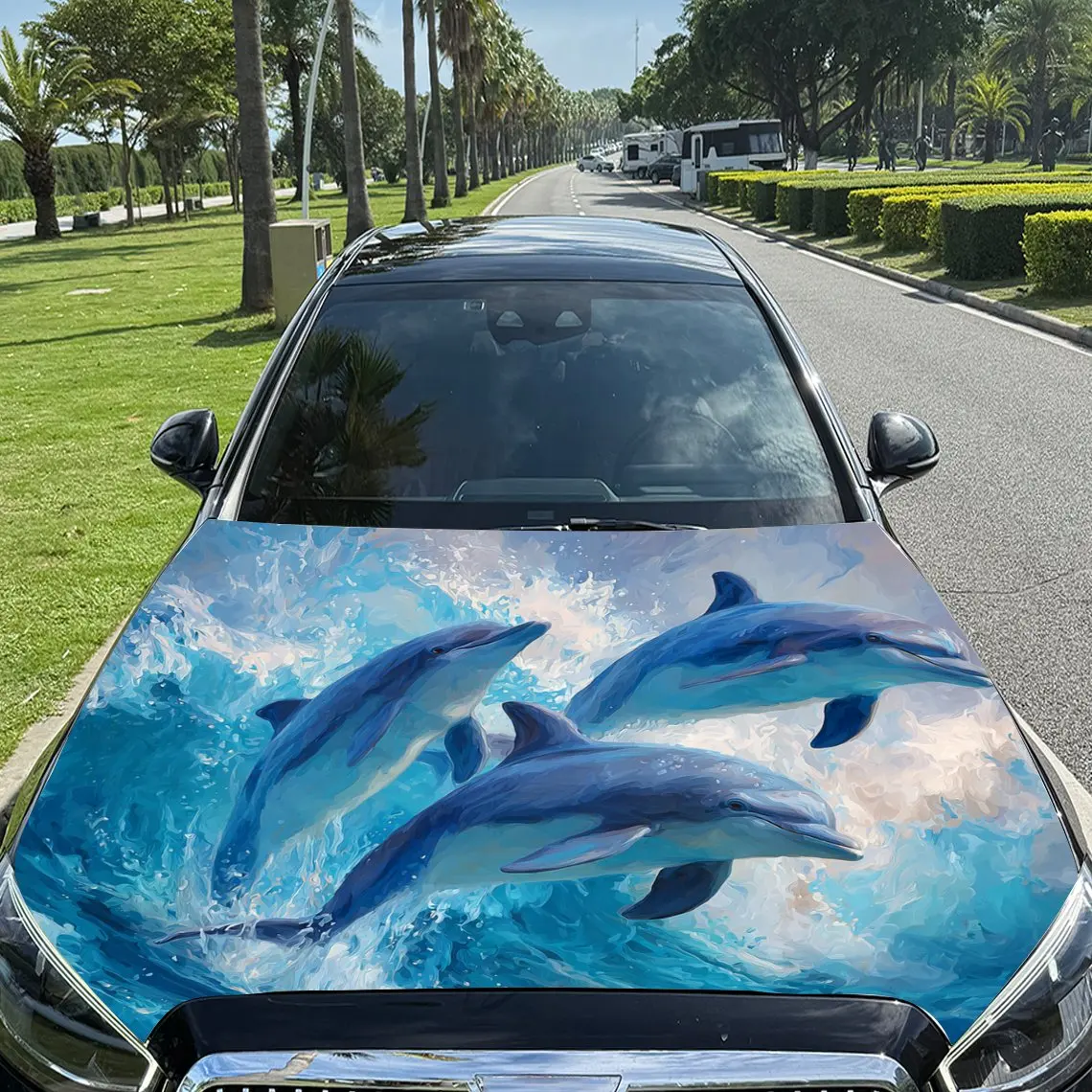 

Cheerful Frolicking Dolphin Print car hood stickers, waterproof self-adhesive, scratch resistant, easy to stick, durable car PVC