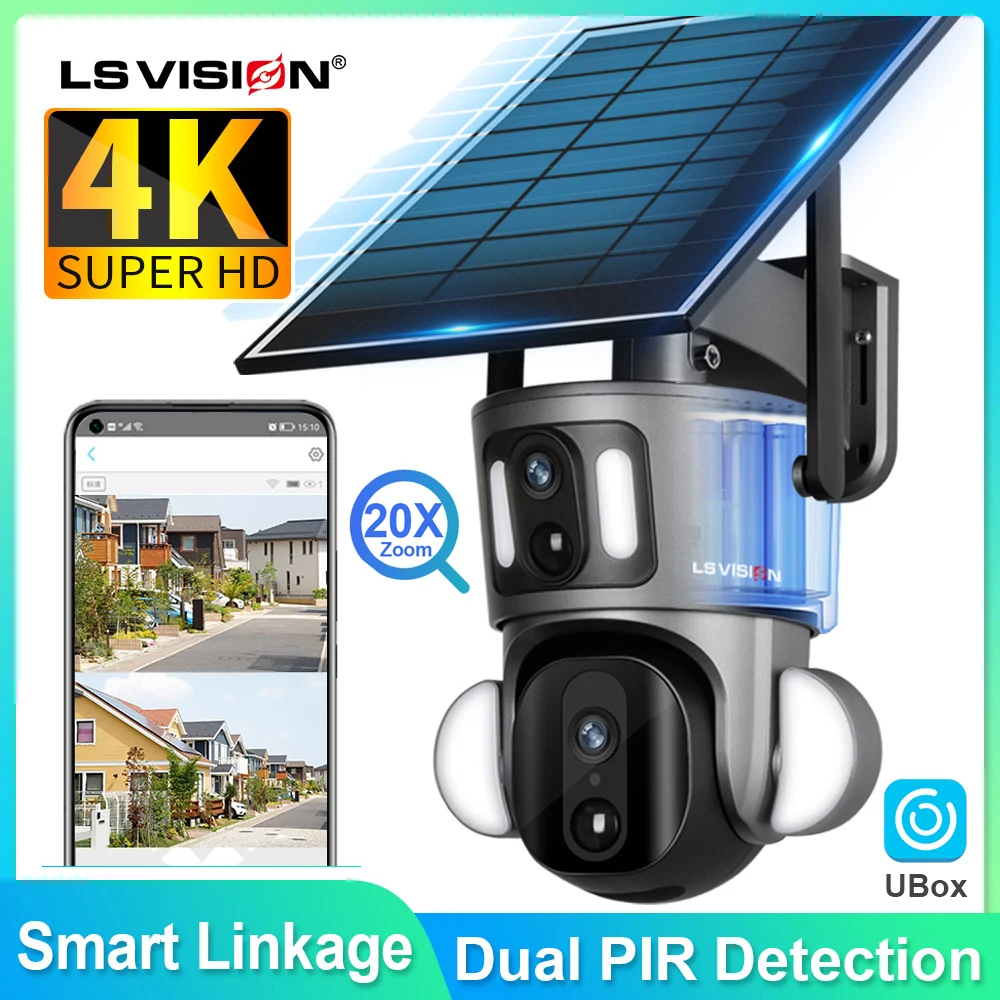 LS VISION 4K 8MP Solar Camera WIFI Outdoor Dual Screen Surveillance Cctv Camera 4g Wireless Dual PIR Detection Auto Tracking