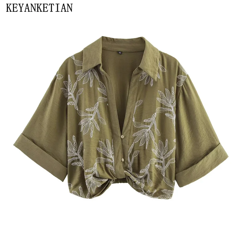 

KEYANKETIAN, новая летняя женская повседневная рубашка в стиле милитари с зеленым воротником и короткими рукавами, вышитая рубашка с закругленными краями, женский топ