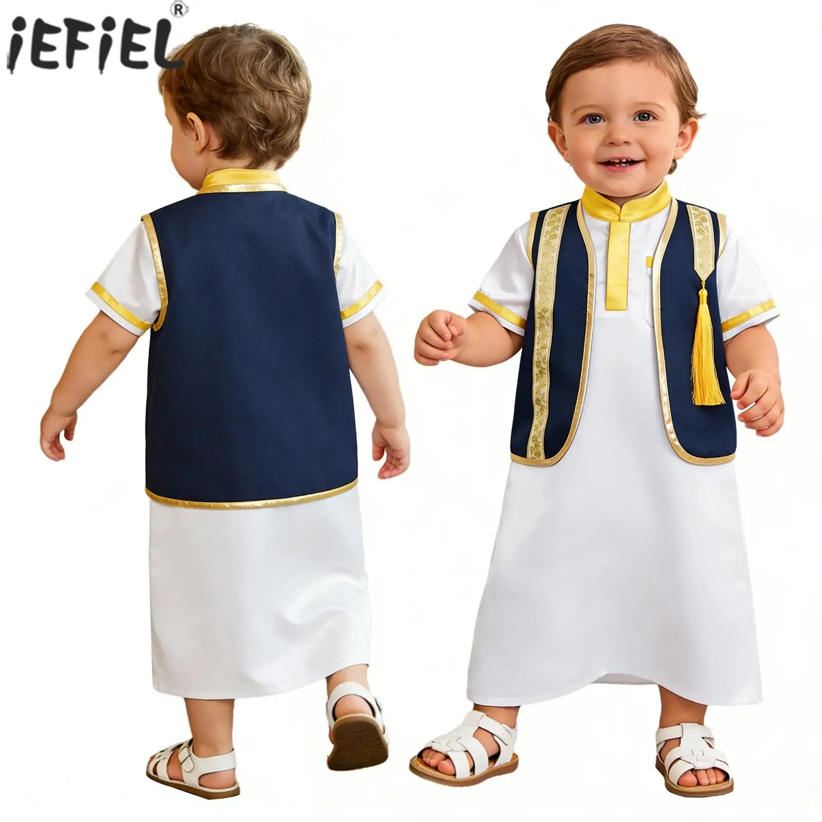Muslim Boys Robe Baby Arab Dubai Ramadan Eid Abaya Kaftan Outfits Metallic Shiny Trim Tassel Open Front Vest with Satin Gown