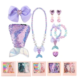 Kids Play Jewelry Set Girl Mermaid Coin Purse Necklace Bracelet Earrings Ring Kit with Box Children Princess Accessories Costume