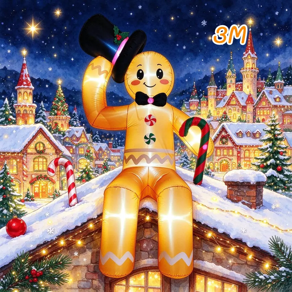 Christmas 3M inflatable Seated Posture Gingerbread Man Wearing Top Hat Candy Stick Built-in LED Indoor Outdoor Roof Decoration