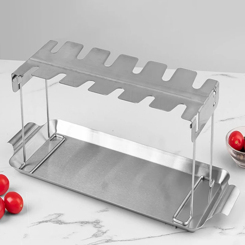 

1set Chicken Leg Rack 12 Slots Stainless Steel Chicken Wing Rack With Drip Tray Folding Drumstick Rack For Outdoor BBQ Picnic