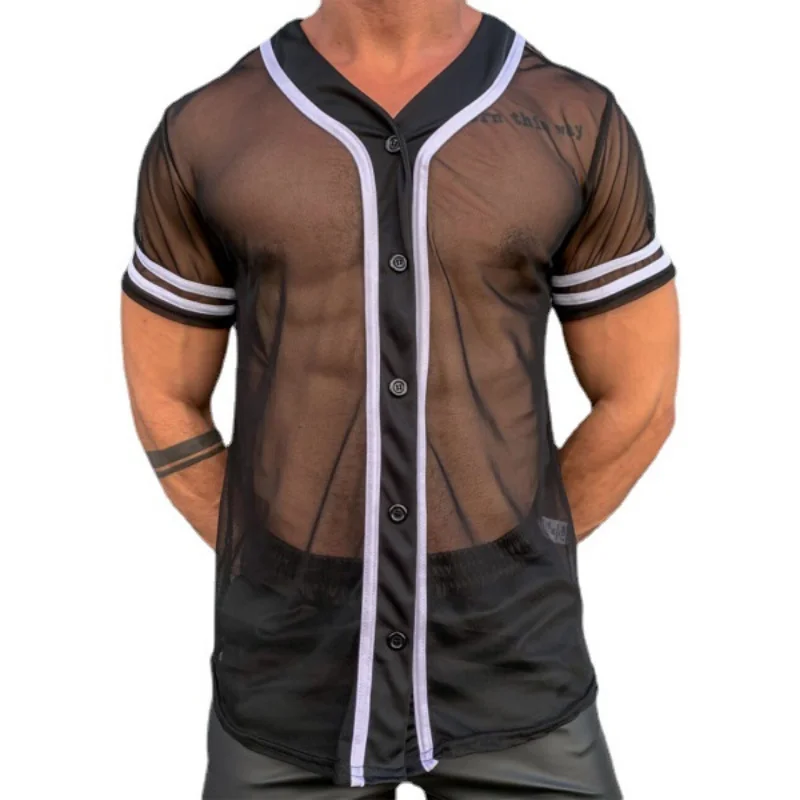 Transparent Shirt Summer European Size Men's Loose Fitting Sexy Mesh and Charming Figure