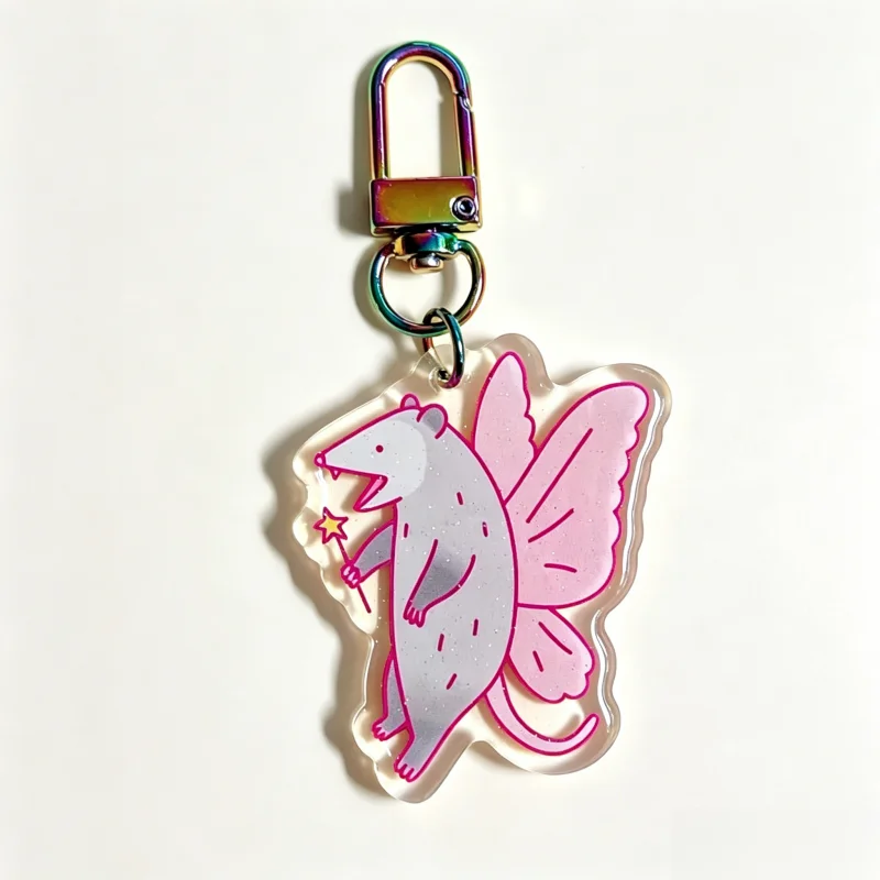 2 Inch Funny Fairy Opossum Acrylic Bag Charm Keychain, Whimsical Animal Pendant Gift