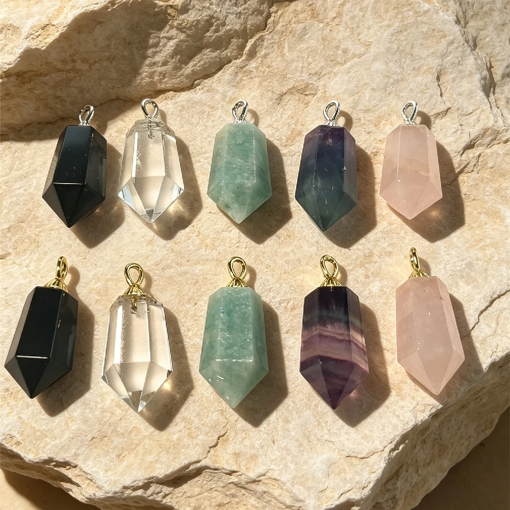 1PC Double Point Natural Crystal Pendant Multi-color Hexagonal Prism Gem Charm DIY Necklace Jewelry Gold Plated P2D1055